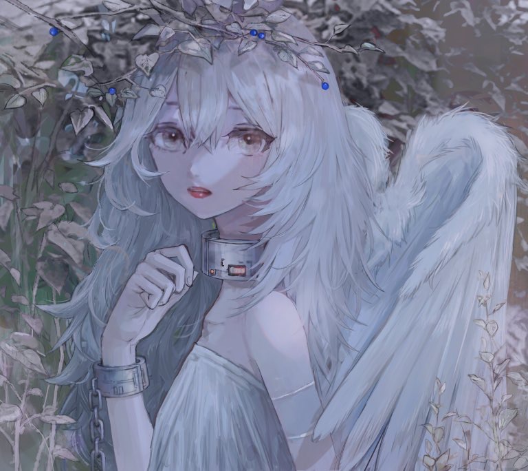 1girl, angel, angel_wings, armband, bare_shoulders, berry, chain, collarbone