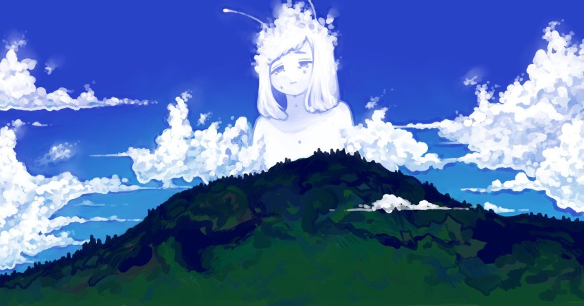 1girl, antennae, blue_sky, cloud, cloudy_sky, day, highres, landscape