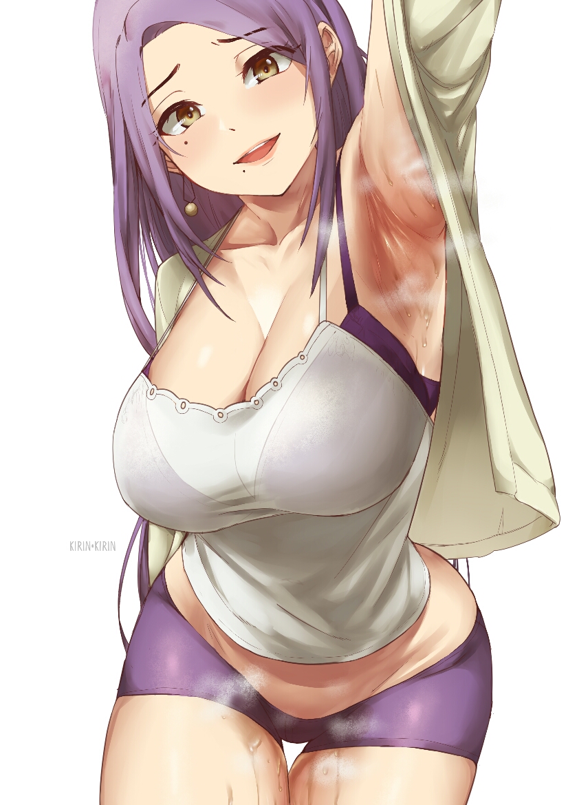 1girl, armpits, beige_cardigan, bra, bra_visible_through_clothes, breasts, brown_eyes, cardigan, cleavage, collarbone, curvy, kirinkirin, large_breasts, long_hair, mature_female, midriff, mole, mole_under_eye, mole_under_mouth, open_mouth, original, outstretched_arm, purple_bra, purple_hair, purple_shorts, see-through_clothes, shorts, solo, steam, steaming_body, sweat, tank_top, thigh_gap, thighs, underwear, white_background, white_tank_top