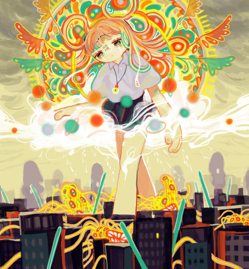 1girl, absurdres, black_skirt, building, cloud, collared_shirt, feet_out_of_frame, giant