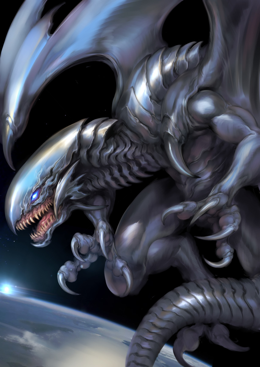 absurdres, blue-eyes_white_dragon, blue_eyes, claws, dragon, earth_(planet), flying, highres, no_humans, open_mouth, planet, scales, sharp_teeth, space, teeth, witnesstheabsurd, yu-gi-oh!