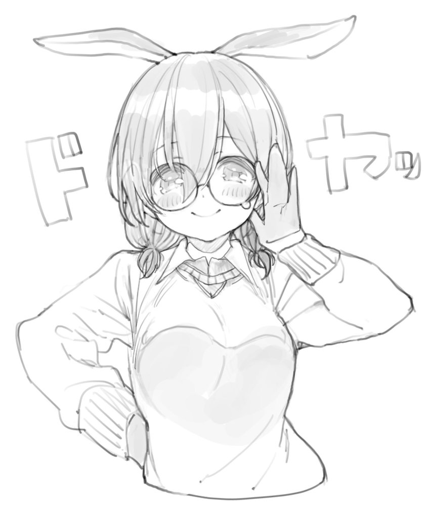 1girl, android, animal_ears, breasts, commentary_request, glasses, greyscale, hair_between_eyes