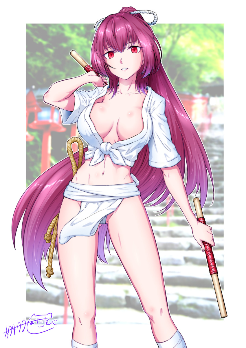 1girl, border, breasts, breasts_apart, collarbone, commentary_request, dual_wielding, fate/grand_order