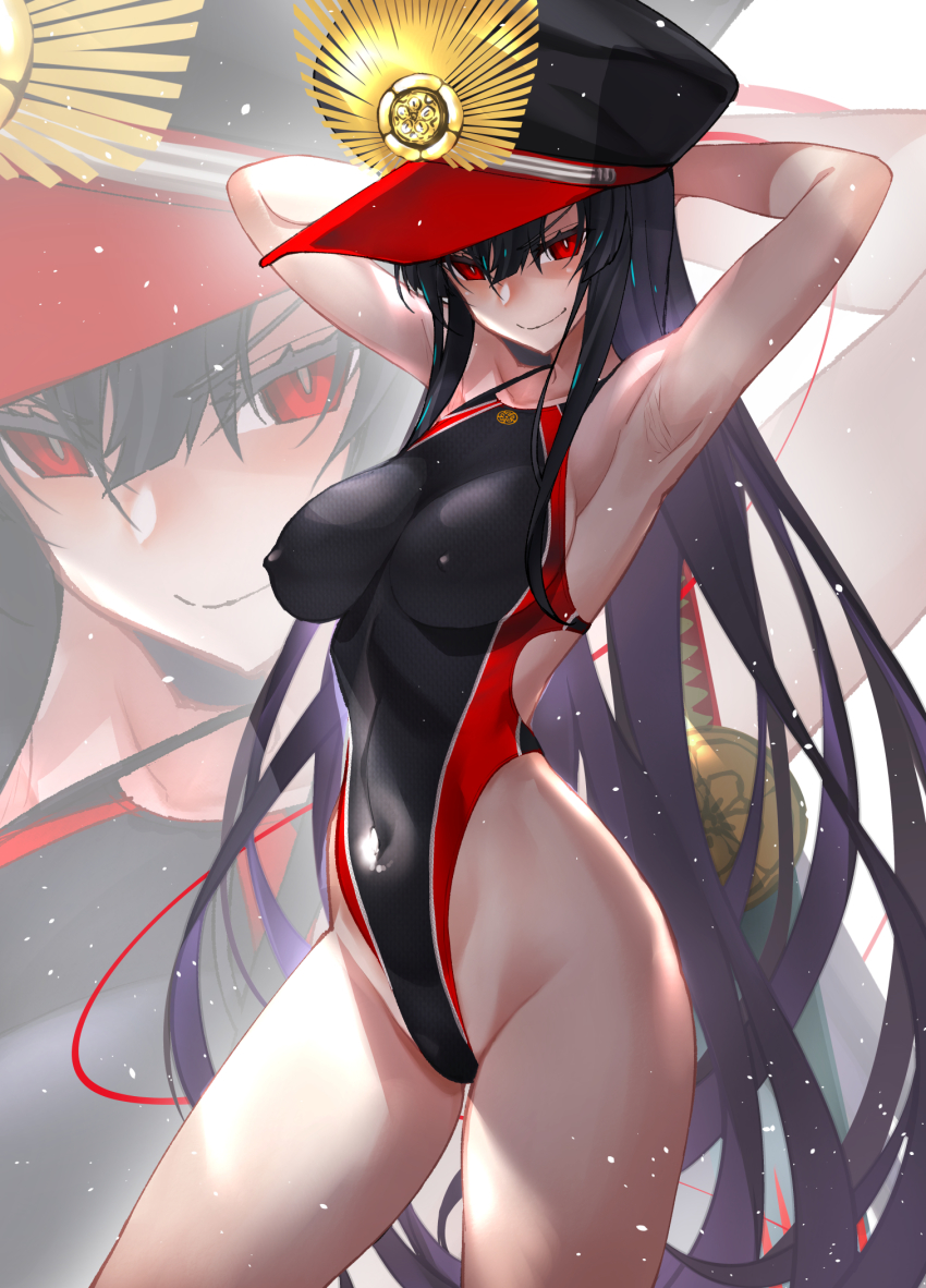 1girl, armpits, arms_behind_head, black_hair, collarbone, commentary_request, competition_swimsuit, covered_erect_nipples, covered_navel, cowboy_shot, curvy, fate/grand_order, fate_(series), hat, highleg, highleg_one-piece_swimsuit, highres, impossible_clothes, impossible_swimsuit, long_hair, looking_at_viewer, oda_nobunaga_(fate), oda_nobunaga_(koha-ace), oda_nobunaga_(swimsuit_berserker)_(fate), one-piece_swimsuit, peaked_cap, red_eyes, sanazura_hiroyuki, smile, solo, standing, swimsuit, wide_hips, zoom_layer