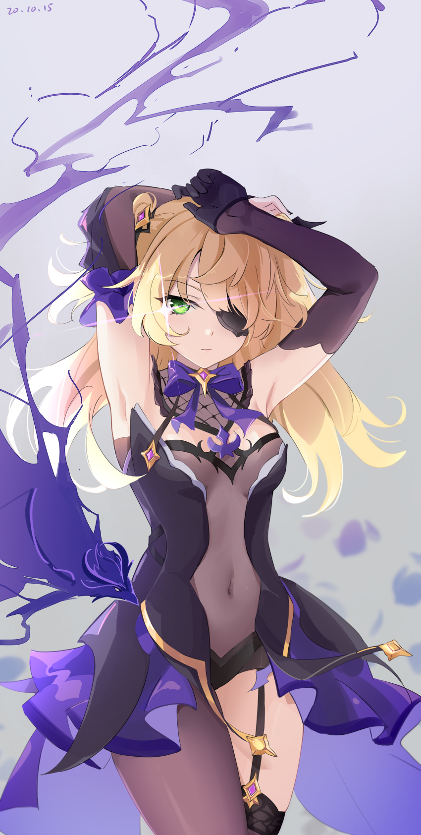 1girl, absurdres, arms_up, bird, black_pantyhose, black_thighhighs, blonde_hair, bodystocking