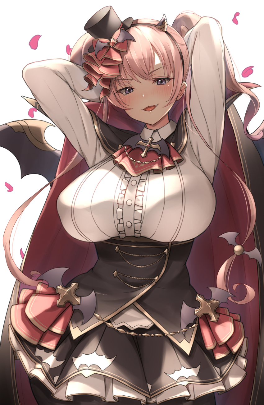 1girl, absurdres, arms_behind_head, bat_wings, black_hairband, black_headwear, black_skirt, blush