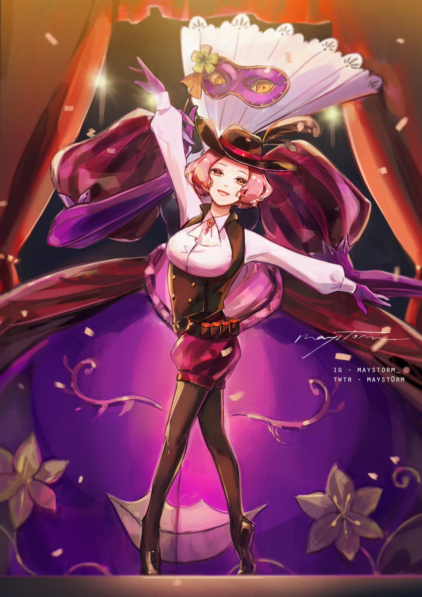 black_legwear, curtains, gloves, hat_feather, looking_at_viewer, mask, masquerade_mask, mayst0rm