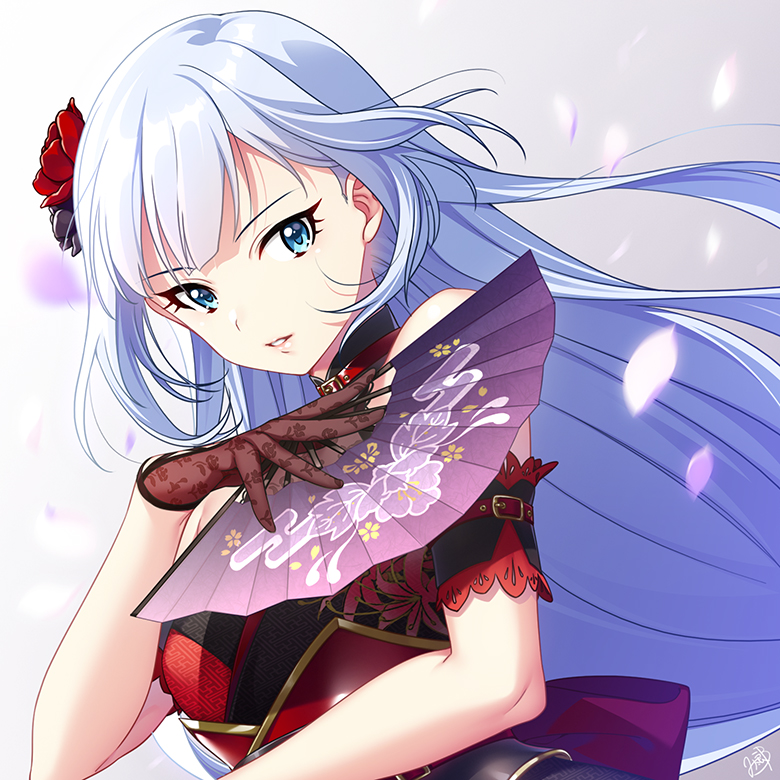 1girl, armband, black_gloves, blue_eyes, blue_hair, commentary_request, flower, folding_fan