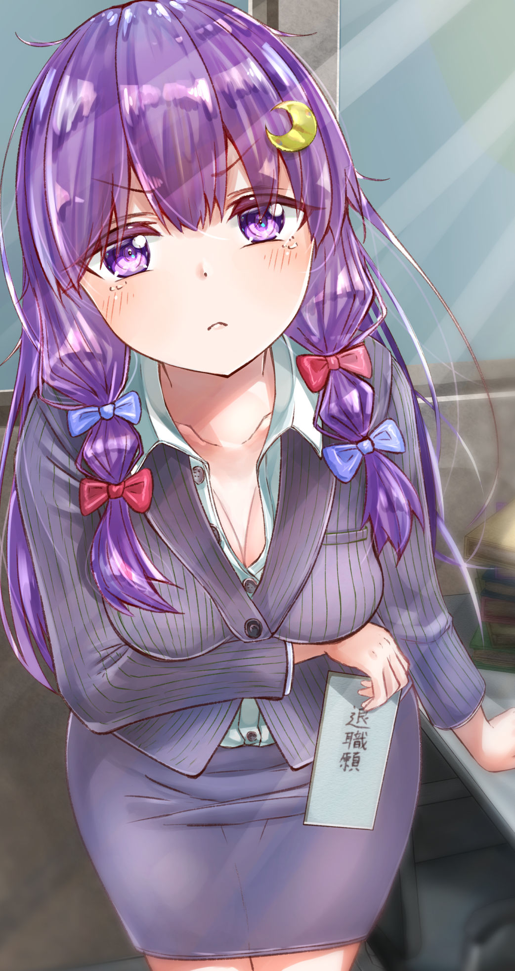 1girl, alternate_costume, aqua_shirt, arm_support, arm_under_breasts, blue_bow, blush, book, book_stack, bow, breasts, cleavage, collarbone, commentary_request, cowboy_shot, crescent, crescent_hair_ornament, desk, formal_clothes, frown, grey_skirt, hair_bow, hair_ornament, highres, holding, holding_paper, indoors, leaning_forward, light_rays, long_hair, long_sleeves, looking_at_viewer, medium_breasts, missing_headwear, ore-artstudio, paper, patchouli_knowledge, pinstripe_pattern, pinstripe_suit, purple_eyes, purple_hair, red_bow, shirt, sidelocks, skirt, solo, striped, suit, tears, touhou, translation_request, unbuttoned, unbuttoned_shirt, v-shaped_eyebrows
