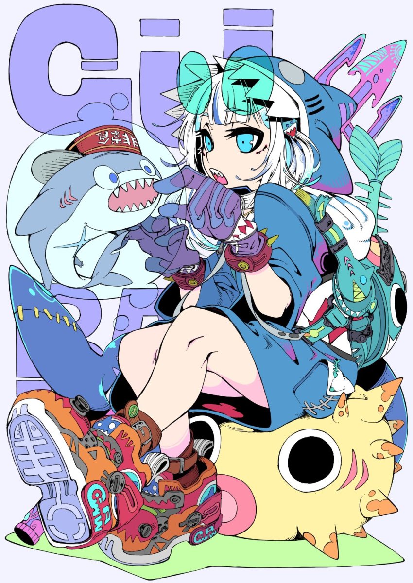 1girl, animal_hood, backpack, bag, bloop_(gawr_gura), blue_gloves, blue_hair, commentary