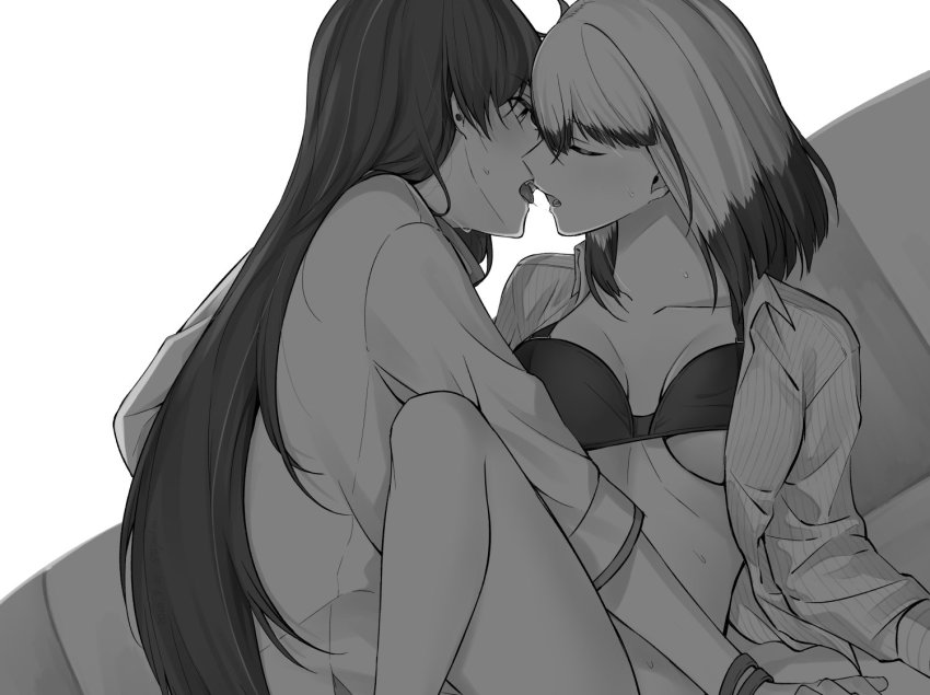 2girls, black_hair, bra, closed_eyes, earrings, greyscale, inago_akira, jewelry, jouhou, kiss, long_hair, monochrome, multiple_girls, open_clothes, open_shirt, satsuki_yomi, simple_background, sweat, toji_no_miko, underwear, white_background, white_hair, yuri
