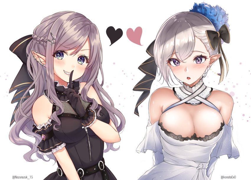 2girls, armband, arms_behind_back, artist_collaboration, asymmetrical_bangs, barbell_piercing, black_bow, black_dress