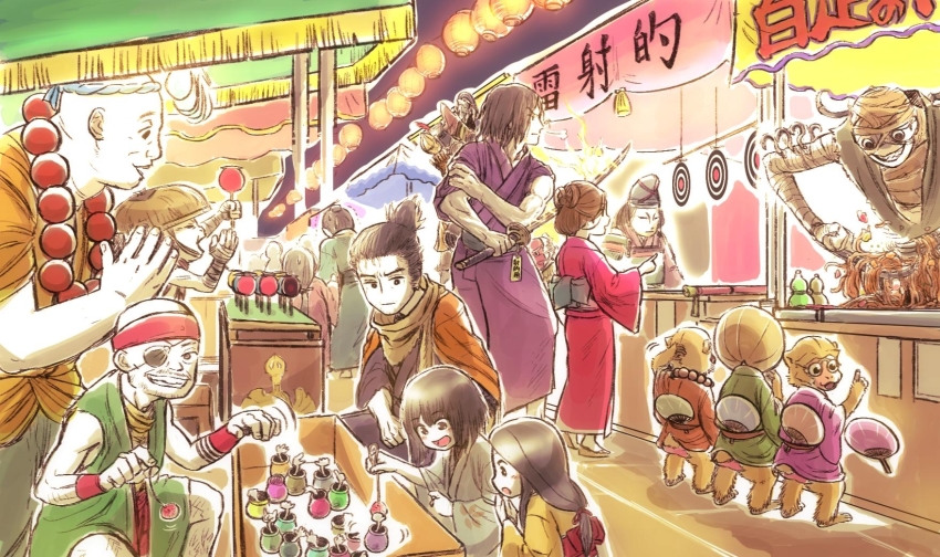 3girls, 6+boys, :d, anayama_the_peddler, animal, armor, ashina_genichirou, bald, bandaged_arm, bandaged_head, bandages, bead_necklace, beads, black_eyes, black_hair, bob_cut, candy_apple, commentary_request, cup, divine_child_of_rejuvenation, electricity, emma_the_gentle_blade, eyepatch, facial_hair, festival, folding_screen_monkeys, food, gourd, green_robe, grey_kimono, grin, hair_bun, hand_fan, hands_up, hat, headband, highres, holding, holding_food, holding_sword, holding_weapon, invisible, japanese_armor, japanese_clothes, jewelry, katana, kimono, kotaro_(sekiro), kuro_the_divine_heir, lantern, long_arm_centipede_sen-un, long_hair, long_sleeves, looking_at_another, looking_at_viewer, market_stall, monkey, multiple_boys, multiple_girls, mustache, necklace, night, obi, one_eye_covered, open_mouth, orange_robe, outdoors, paper_fan, paper_lantern, pen_(mipe), pink_kimono, ponytail, price_tag, purple_kimono, purple_robe, red_headband, robe, rolling_sleeves_up, sandals, sash, scar, scar_on_face, scarf, scratching_head, sekiro, sekiro:_shadows_die_twice, short_hair, short_ponytail, shoulder_armor, single_hair_bun, sleeveless, smile, sode, squatting, standing, stubble, sword, target, uchiwa, updo, weapon, wide_sleeves, yakisoba, yellow_kimono