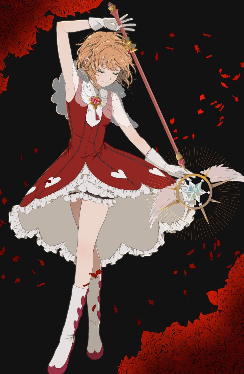 1girl, absurdres, alternate_costume, armpits, bad_id, bad_twitter_id, black_background, bloomers, boots, brooch, brown_hair, cardcaptor_sakura, cardcaptor_sakura_clear_card_arc, closed_eyes, crown, dress, expressionless, flower, gloves, heart, highres, jewelry, kinomoto_sakura, knee_boots, magic, magical_girl, messy_hair, petals, red_dress, rii2a77ru, rose, see-through_clothes, short_hair, sleeveless, sleeveless_dress, solo, standing, underwear, wand