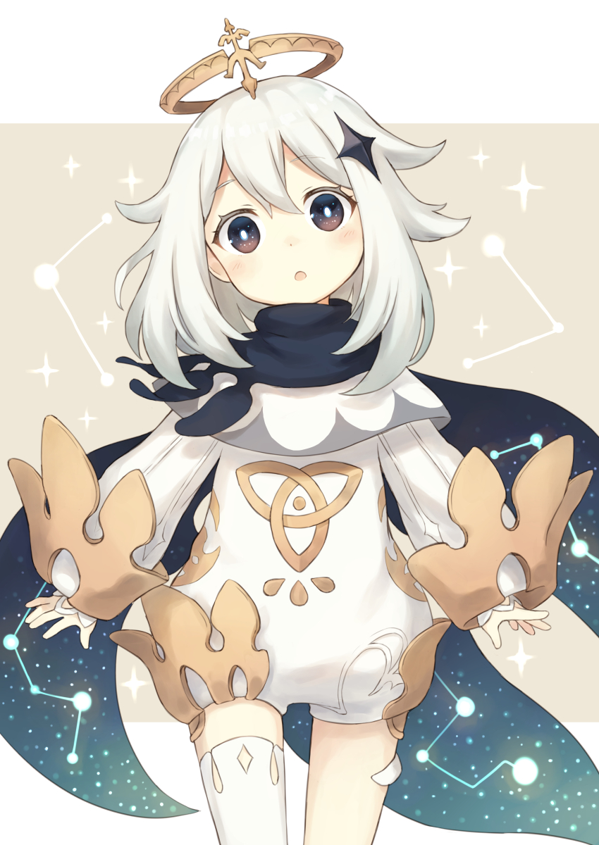 104_(luins104), 1girl, :o, black_cape, brown_background, brown_eyes, cape, commentary_request, constellation_print, dress, genshin_impact, hair_between_eyes, halo, head_tilt, highres, long_sleeves, looking_at_viewer, paimon_(genshin_impact), parted_lips, puffy_long_sleeves, puffy_sleeves, romper, single_thighhigh, sleeves_past_wrists, solo, thighhighs, two-tone_background, white_background, white_dress, white_hair, white_romper, white_thighhighs