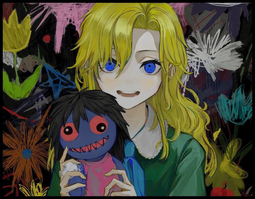 1girl, black_border, blonde_hair, blue_eyes, blue_neckwear, border, child's_drawing, doll