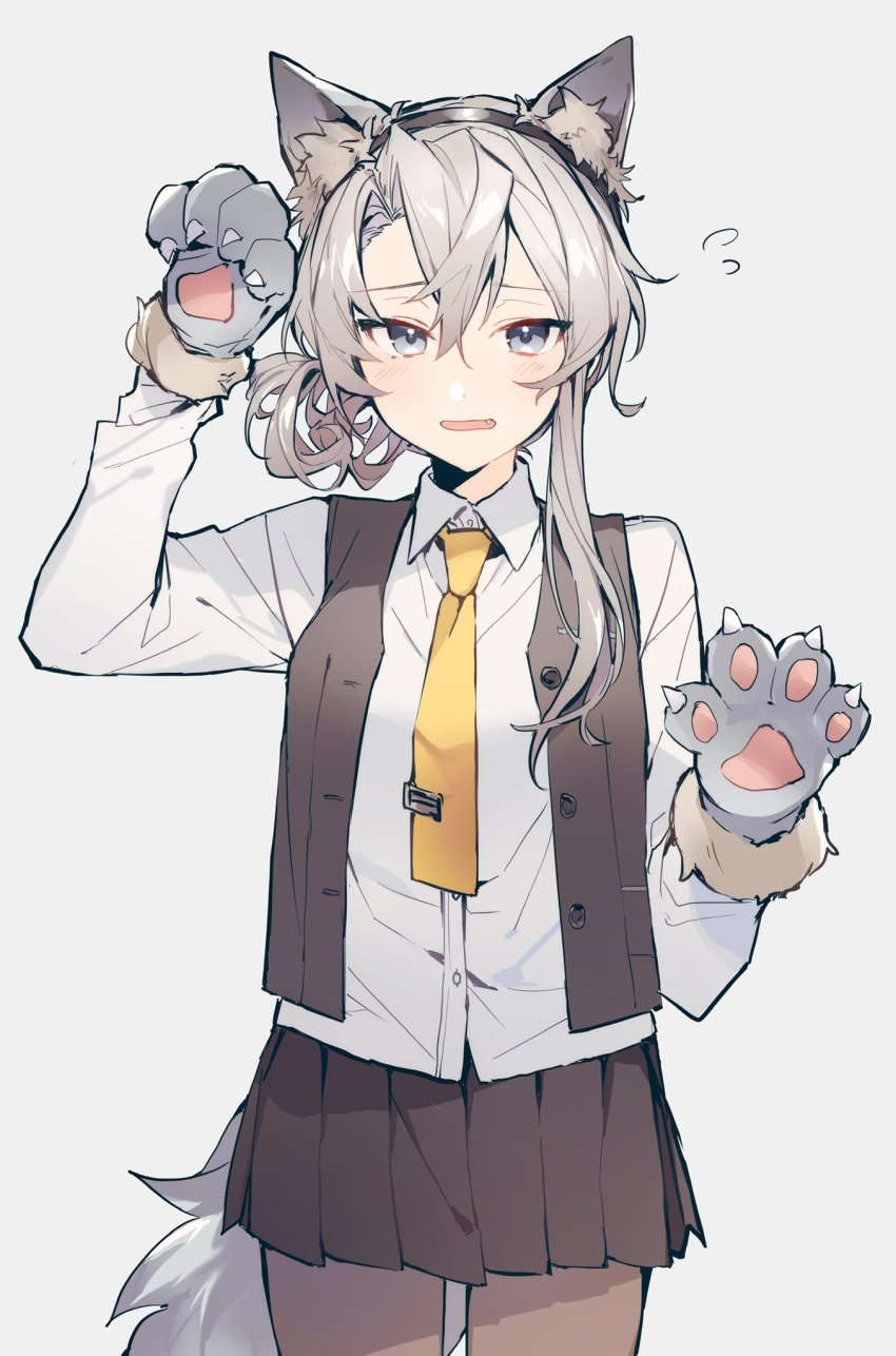 1girl, animal_ear_fluff, animal_ears, animal_hands, asymmetrical_hair, black_pantyhose, black_skirt, black_vest