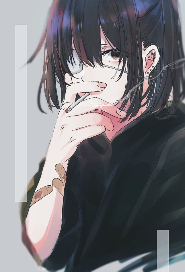 1girl, bandaid, bandaid_on_arm, black_hair, black_jacket, brown_eyes, cigarette, ear_piercing