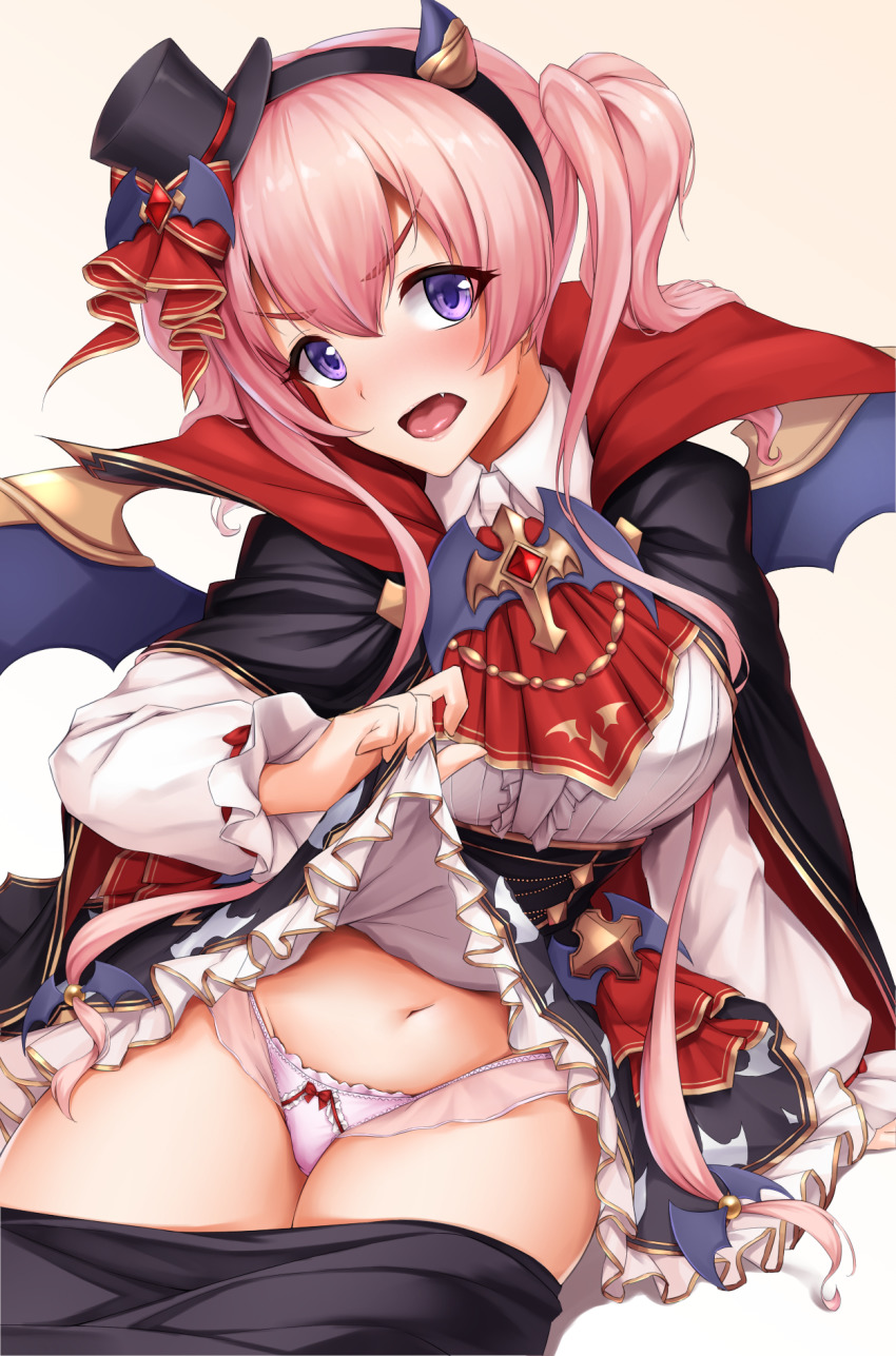 bat_hair_ornament, bat_wings, beige_background, black_hair, cape, clothes_lift, clothing_cutout, commentary_request