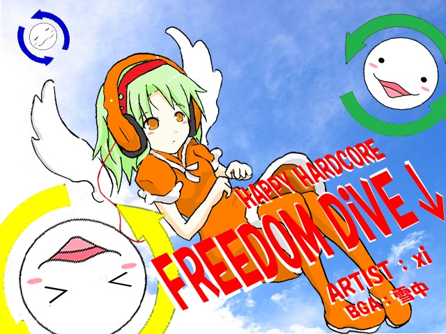 1girl, angel, angel_wings, bemani, blue_sky, bms, freedom_dive, green_hair, headphones, kurante, orange_eyes, sky, sound_voltex, wings, yutoriou