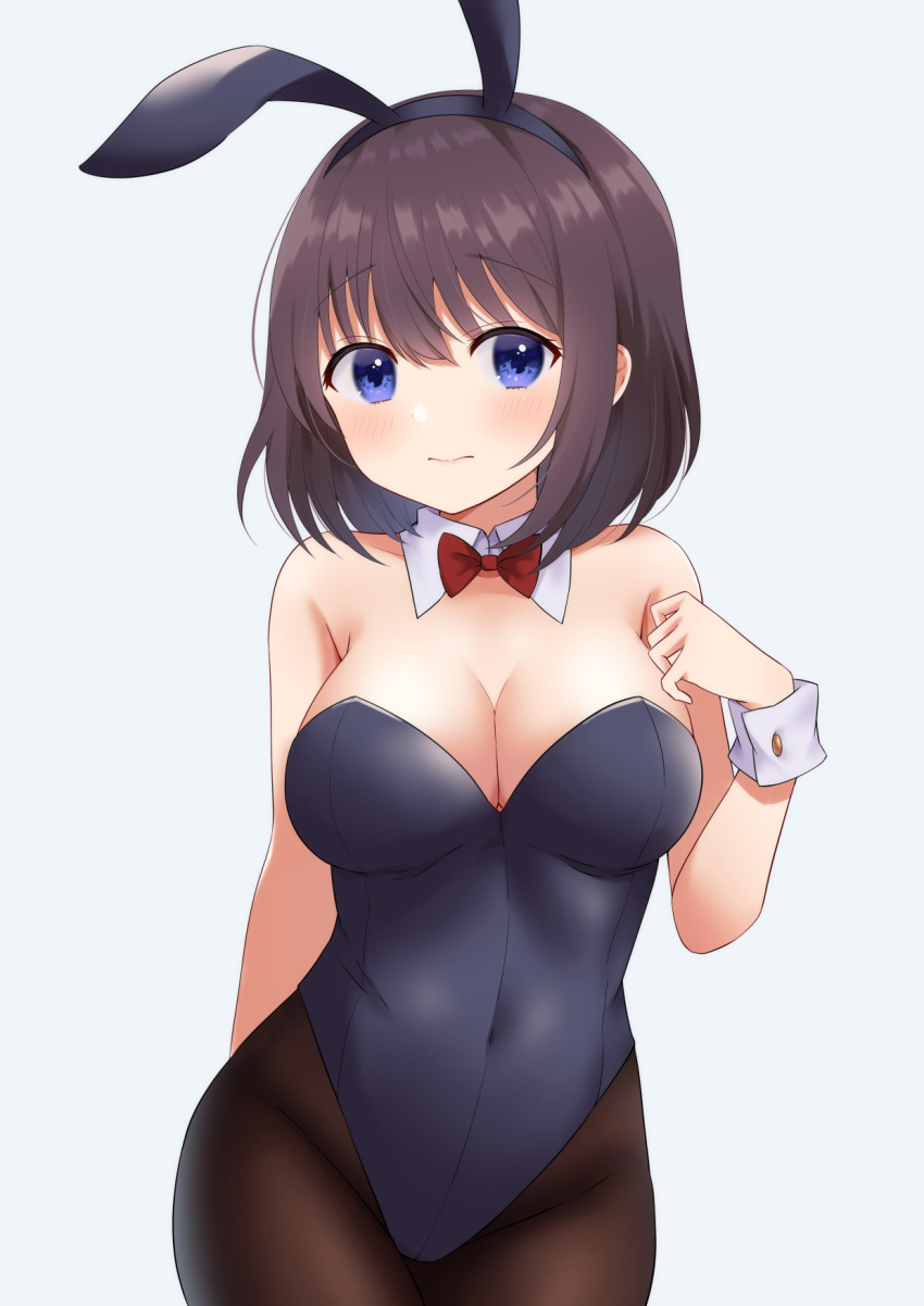 1girl, animal_ears, black_hair, black_leotard, black_pantyhose, blue_background, blue_eyes, bow