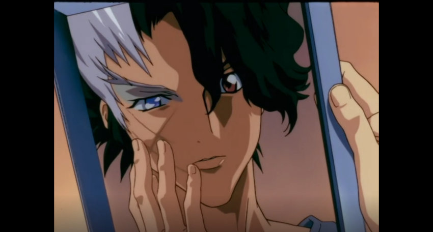 1boy, argento_soma, black_hair, grey_hair, hand_on_own_face, heterochromia, highres, kaneshiro_takuto, looking_at_mirror, mirror, multicolored_hair, red_eyes, scar, screencap