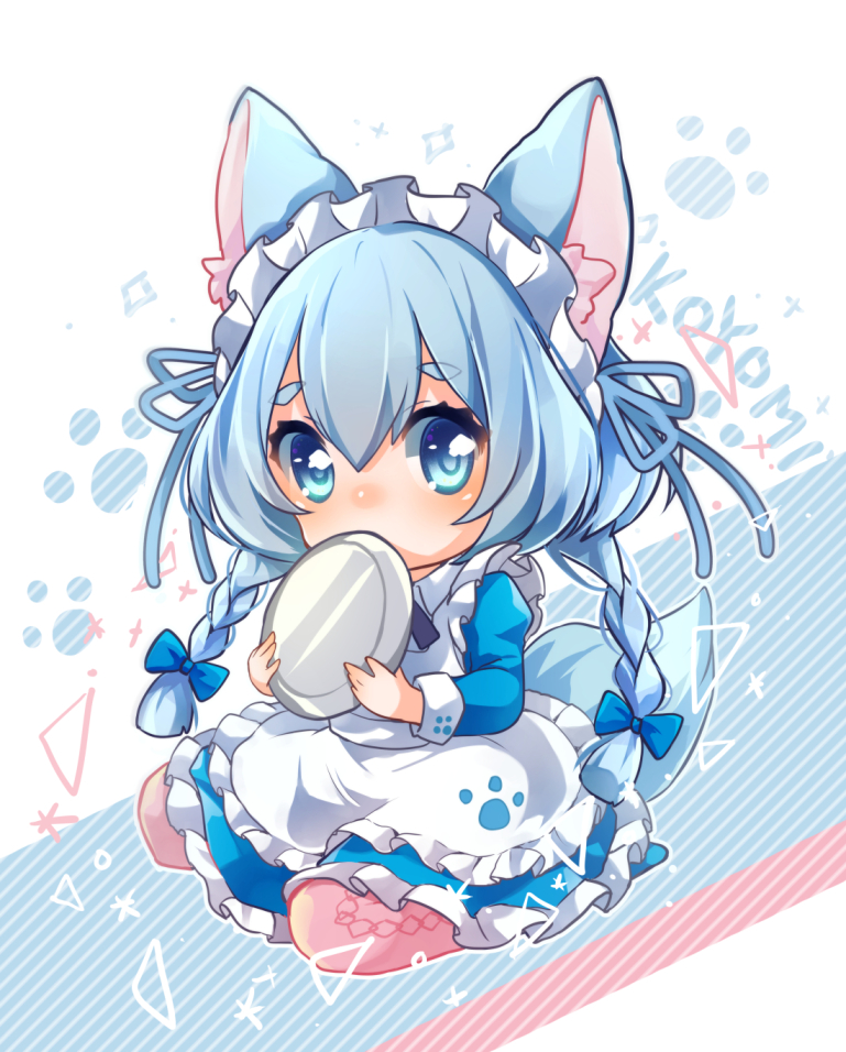 1girl, alternate_costume, animal_ear_fluff, animal_ears, apron, blue_bow, blue_eyes, blue_hair