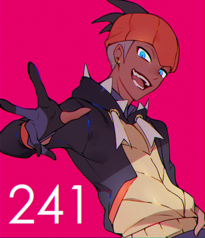 1boy, black_hair, black_hoodie, blue_eyes, commentary, dark-skinned_male, dark_skin, earrings