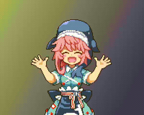 1girl, ^_^, animated, animated_gif, apron, belt, blue_apron, blue_headwear, blue_shirt, blue_skirt, closed_eyes, collared_shirt, gradient_background, happy, kumamoto_(bbtonhk2), medium_hair, okunoda_miyoi, open_mouth, pink_hair, pixel_art, shirt, short_sleeves, skirt, smile, solo, standing, striped_belt, touhou, upper_body, waist_apron, waving, whale_hat