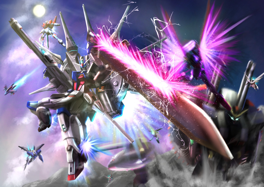 absurdres, blue_eyes, destiny_gundam, destroy_gundam, energy_sword, energy_wings, flying, glowing, glowing_eyes, gun, gundam, gundam_seed, gundam_seed_destiny, highres, holding, holding_gun, holding_sword, holding_weapon, huge_filesize, legend_gundam, mecha, mecha_request, no_humans, propro13, robot, solo_focus, sword, v-fin, weapon, windam_(gundam_seed)