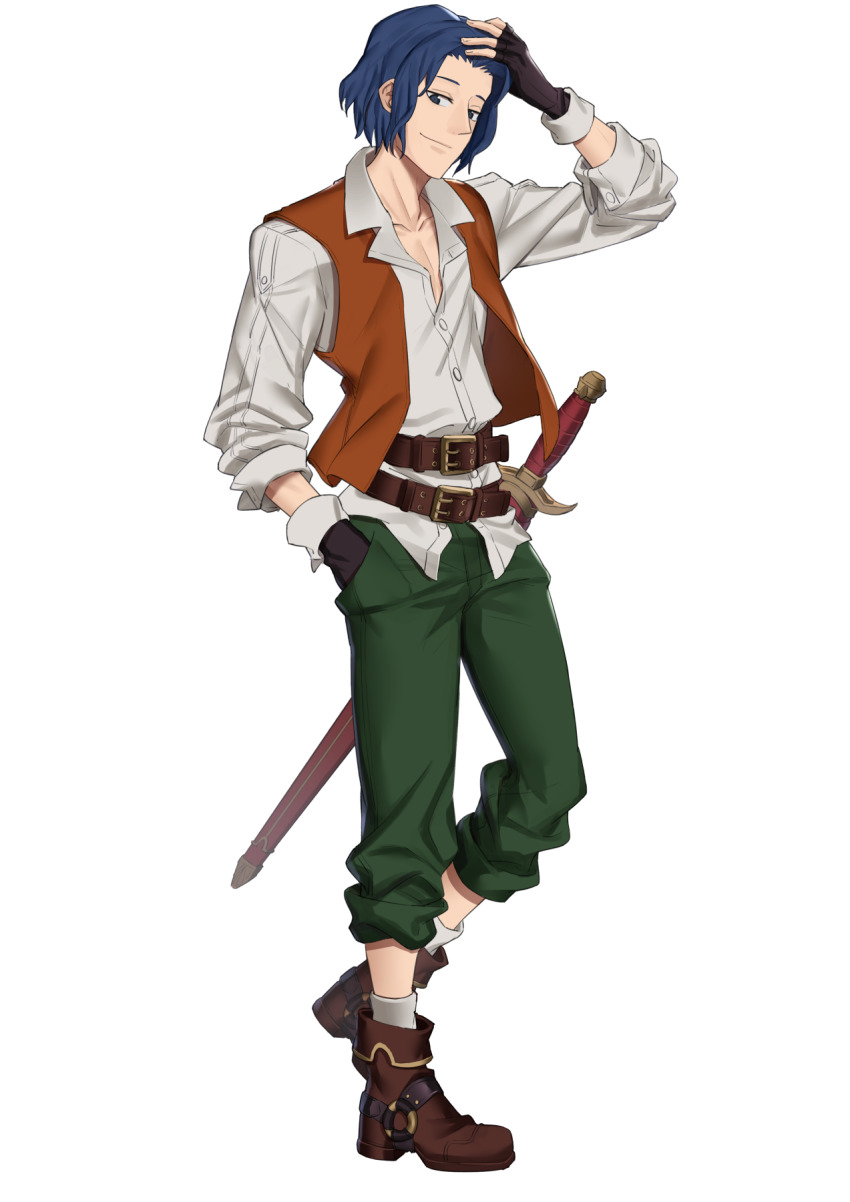 1boy, belt, black_eyes, blue_hair, boots, ebinku, fingerless_gloves, fire_emblem