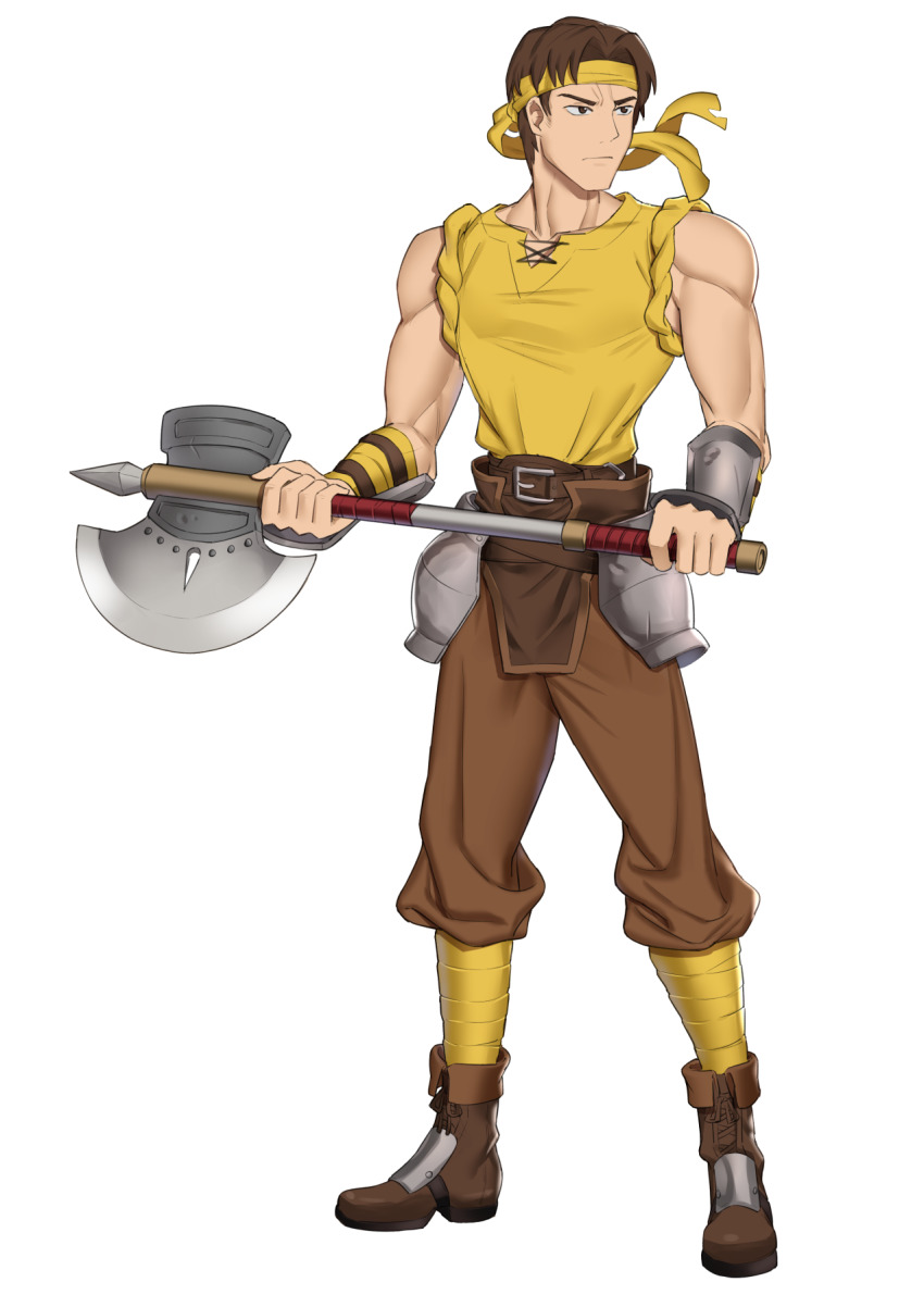 1boy, axe, belt, boots, bracelet, brown_eyes, brown_hair, ebinku, fire_emblem, fire_emblem:_thracia_776, full_body, halvan_(fire_emblem), headband, highres, jewelry, male_focus, nintendo, solo, white_background