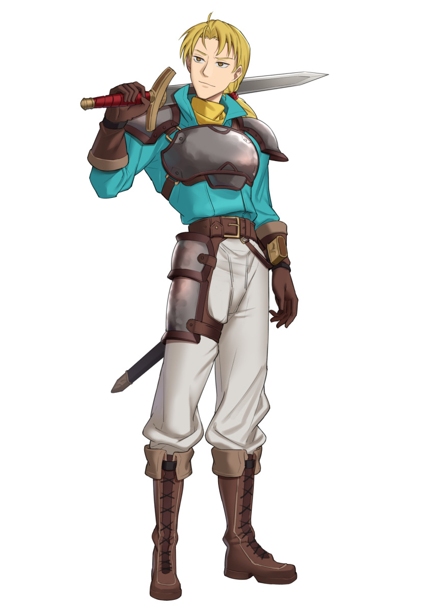 1boy, armor, belt, blonde_hair, boots, brown_eyes, ebinku, fergus_(fire_emblem), fire_emblem, fire_emblem:_thracia_776, full_body, gloves, highres, low_ponytail, male_focus, nintendo, ponytail, solo, sword, weapon, white_background