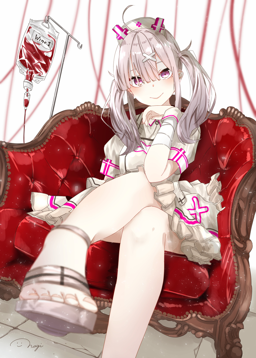 1girl, absurdres, alcohol, blood, blood_bag, blush, chair, dress, feet, hat, high_heel_sandals, high_heels, highres, indoors, intravenous_drip, legs, looking_at_viewer, mole, mole_under_eye, nagi_(shunsuke-manage), nijisanji, nurse, nurse_cap, pinafore_dress, pink_eyes, sandals, shoes, silver_hair, sitting, sleeveless, sleeveless_dress, smile, solo, sukoya_kana, twintails, virtual_youtuber, wine