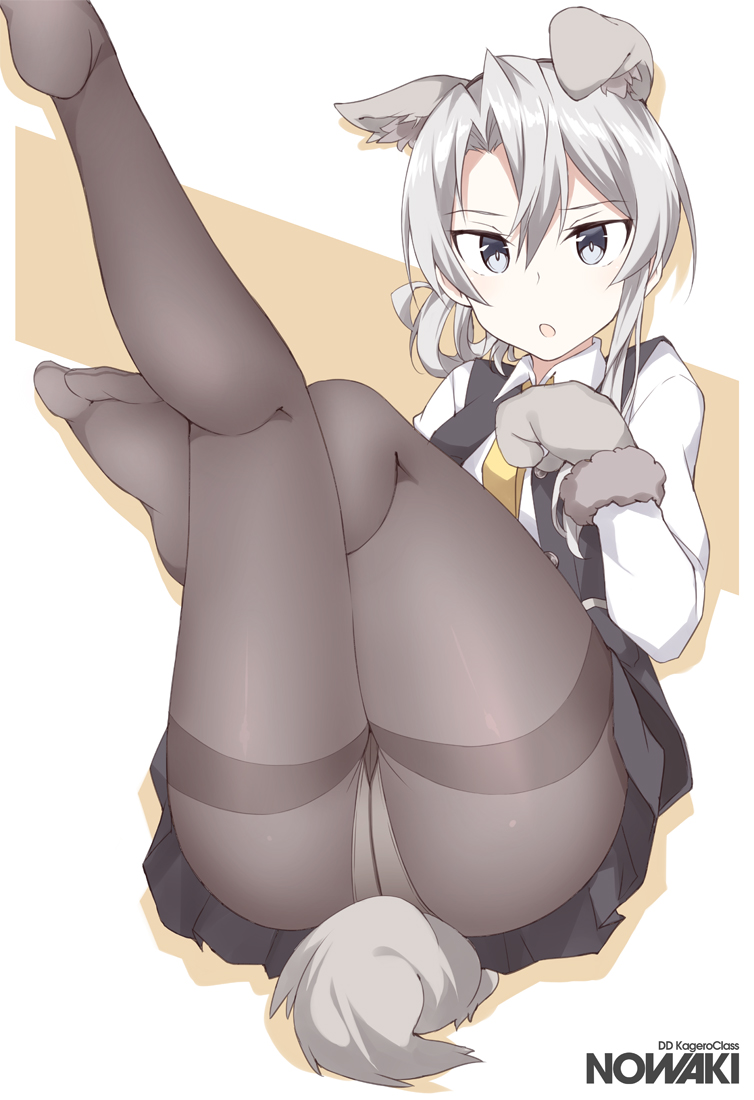 1girl, animal_ears, animal_hands, asymmetrical_hair, black_pantyhose, black_vest, character_name, commentary