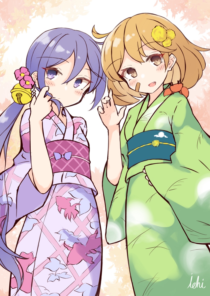 2girls, :d, absurdres, akebono_(kancolle), akebono_(nakau)_(kancolle), animal, animal_on_shoulder, animal_print