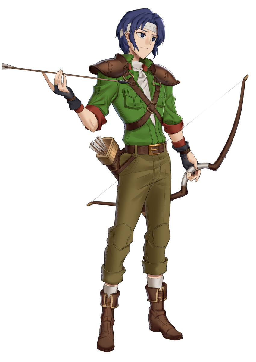 1boy, arrow_(projectile), belt, blue_eyes, blue_hair, boots, bow_(weapon), ebinku, fingerless_gloves, fire_emblem, fire_emblem:_thracia_776, full_body, gloves, headband, highres, male_focus, nintendo, quiver, ronan_(fire_emblem), solo, weapon, white_background