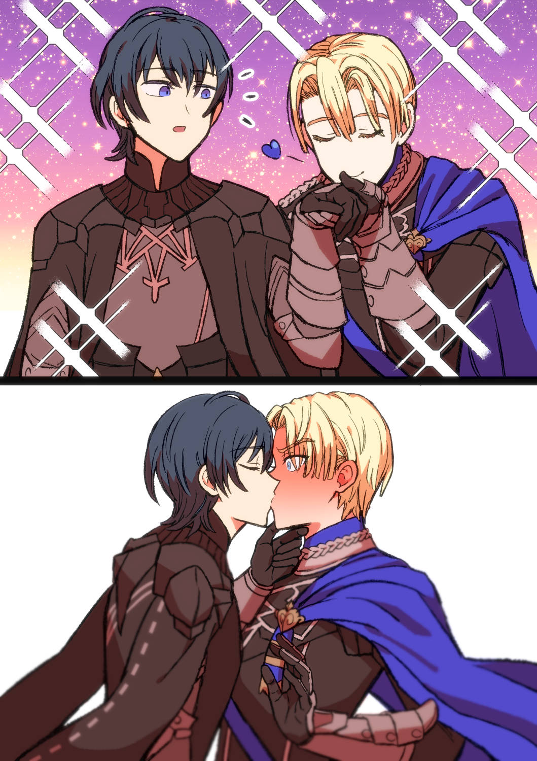 2boys, armor, black_gloves, blonde_hair, blue_cape, blue_eyes, blush, male_byleth_(fire_emblem)