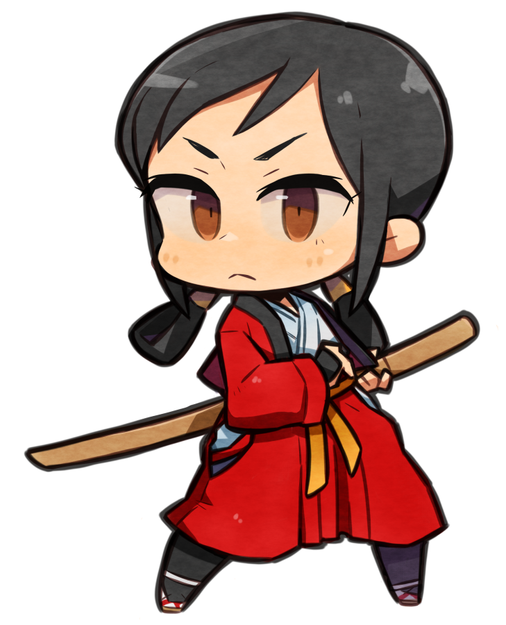 1girl, bakumatsu_rouman, black_hair, brown_eyes, chibi, fighting_stance, full_body, iaidou