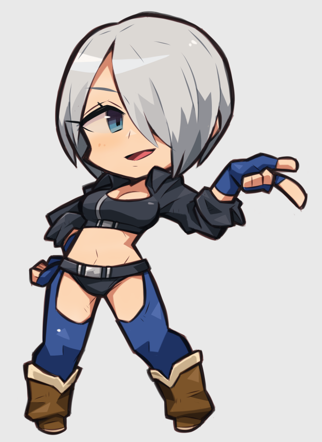 1girl, angel_(kof), chaps, chibi, cropped_jacket, fingerless_gloves, full_body, gloves, hair_over_one_eye, ibara., midriff, navel, solo, the_king_of_fighters, white_hair