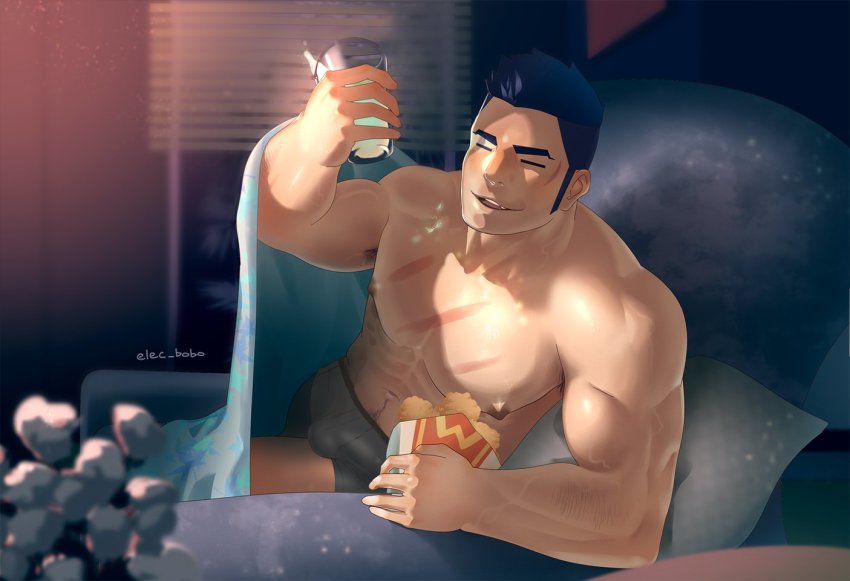 1boy, abs, arm_hair, bara, blanket, blush, boxers, bulge