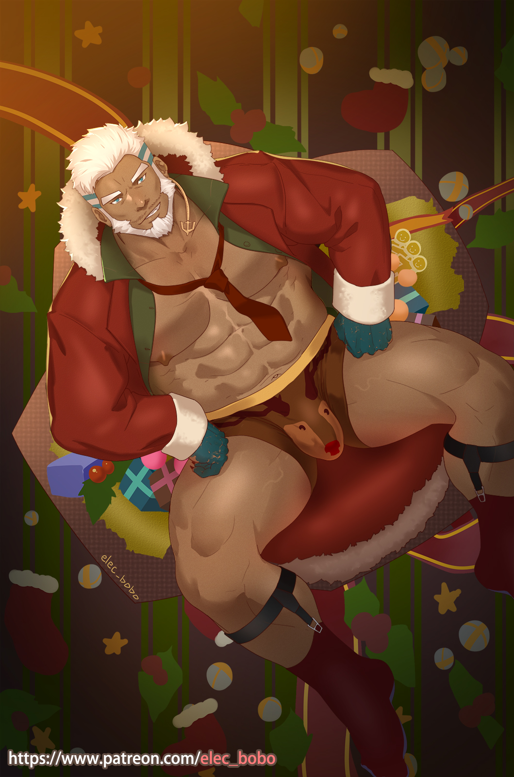 1boy, abs, aegir_(housamo), animal_costume, aqua_hair, bara, bare_pectorals, beard