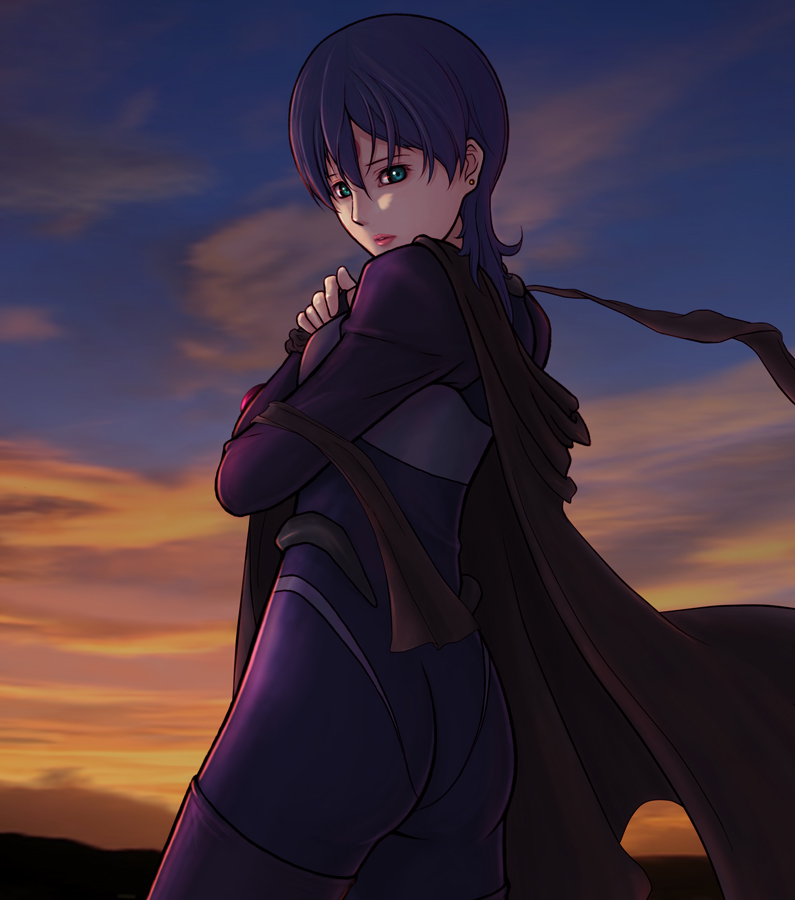 1girl, ass, bad_id, bad_pixiv_id, blue_hair, bodysuit, cloak, earrings