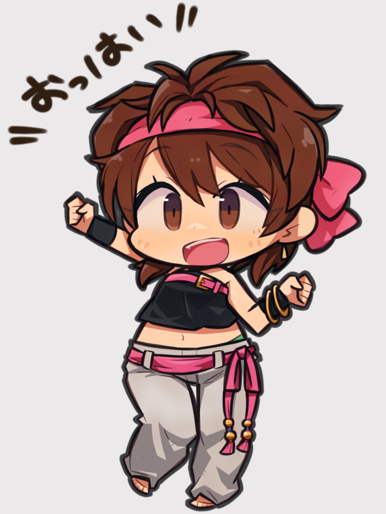 1girl, belt, bracelet, brown_hair, chibi, full_body, headband, ibara.