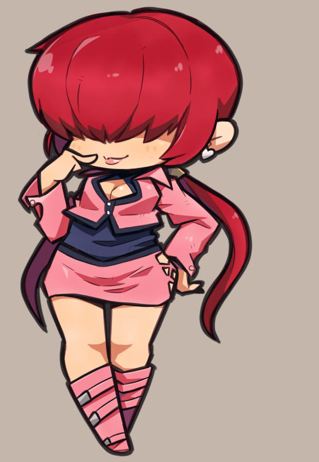 1girl, chibi, cleavage_cutout, clothing_cutout, earrings, full_body, hair_over_eyes, hand_on_own_hip