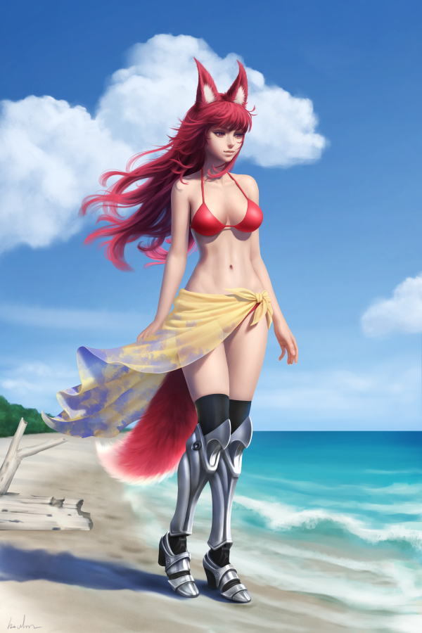 1girl, animal_ears, armor, armored_boots, beach, bikini, blue_sky, boots, breasts, commission, day, driftwood, fox_ears, fox_tail, full_body, gohpot, greaves, halterneck, long_hair, medium_breasts, navel, ocean, original, outdoors, over-kneehighs, red_bikini, red_eyes, red_hair, sarong, sky, solo, swimsuit, tail, thighhighs, walking, wind
