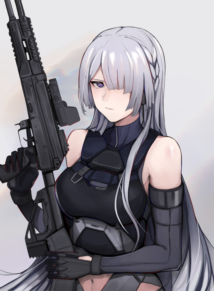 1girl, absurdres, ak-15, ak-15_(girls'_frontline), assault_rifle, bare_shoulders, black_gloves, braid