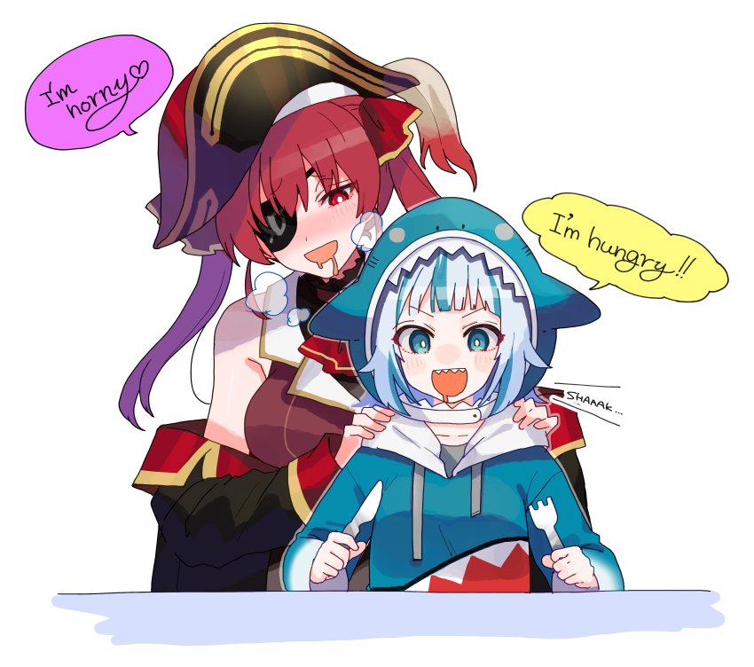 13_(spice!!), 2girls, :d, absurdres, animal_costume, animal_hood, bicorne, blue_eyes