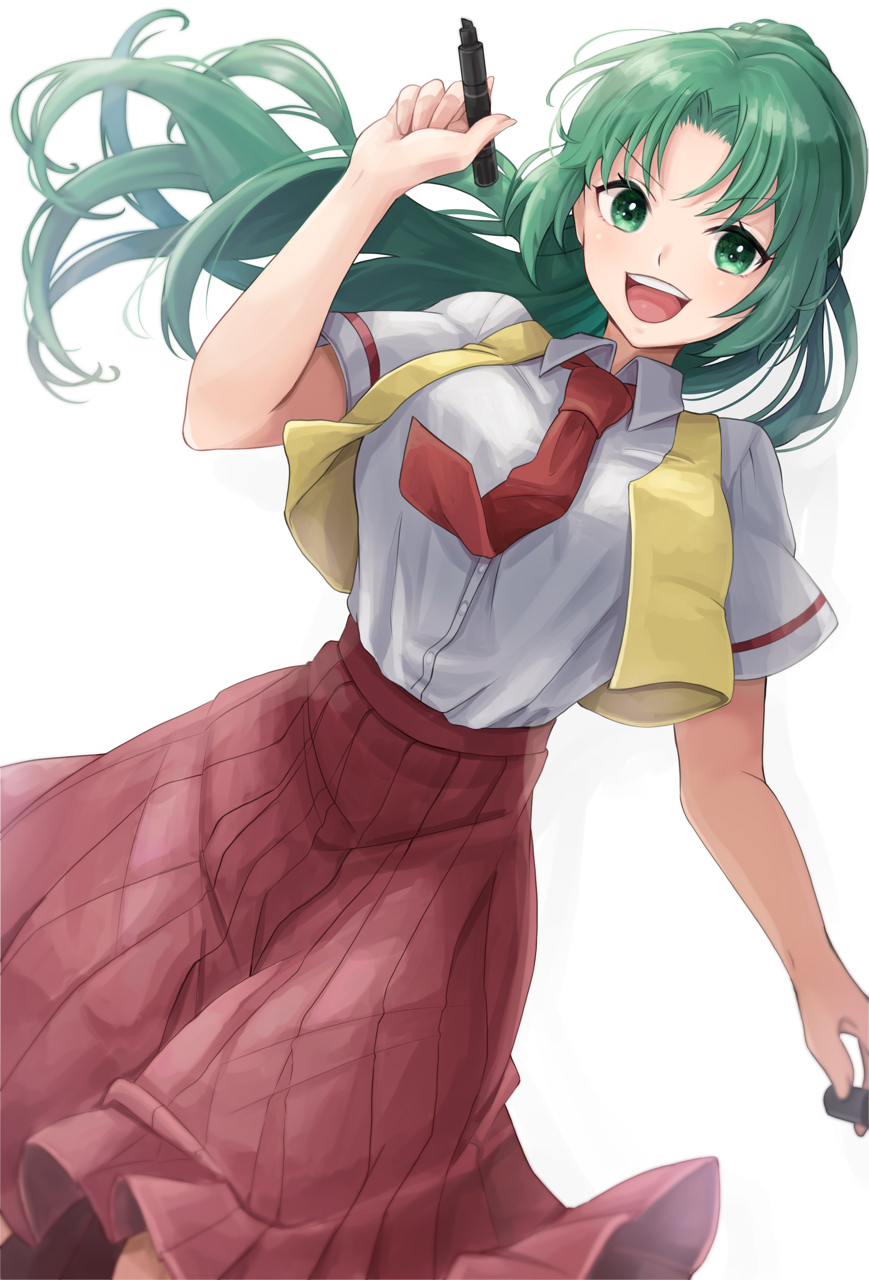 1girl, :d, collared_shirt, crayon, dutch_angle, floating_hair, green_eyes, green_hair