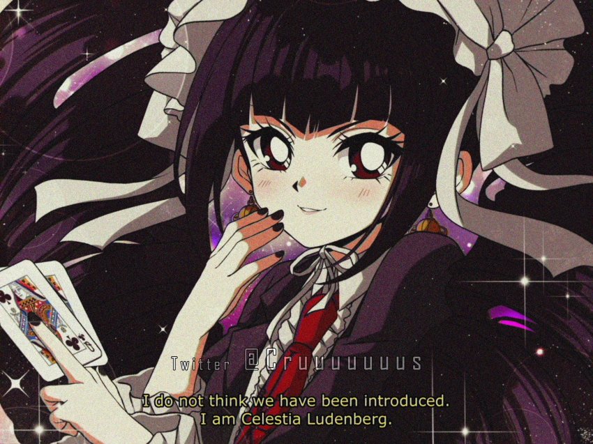 1990s_(style), 1girl, black_hair, black_nails, blush, bonnet, card, celestia_ludenberg